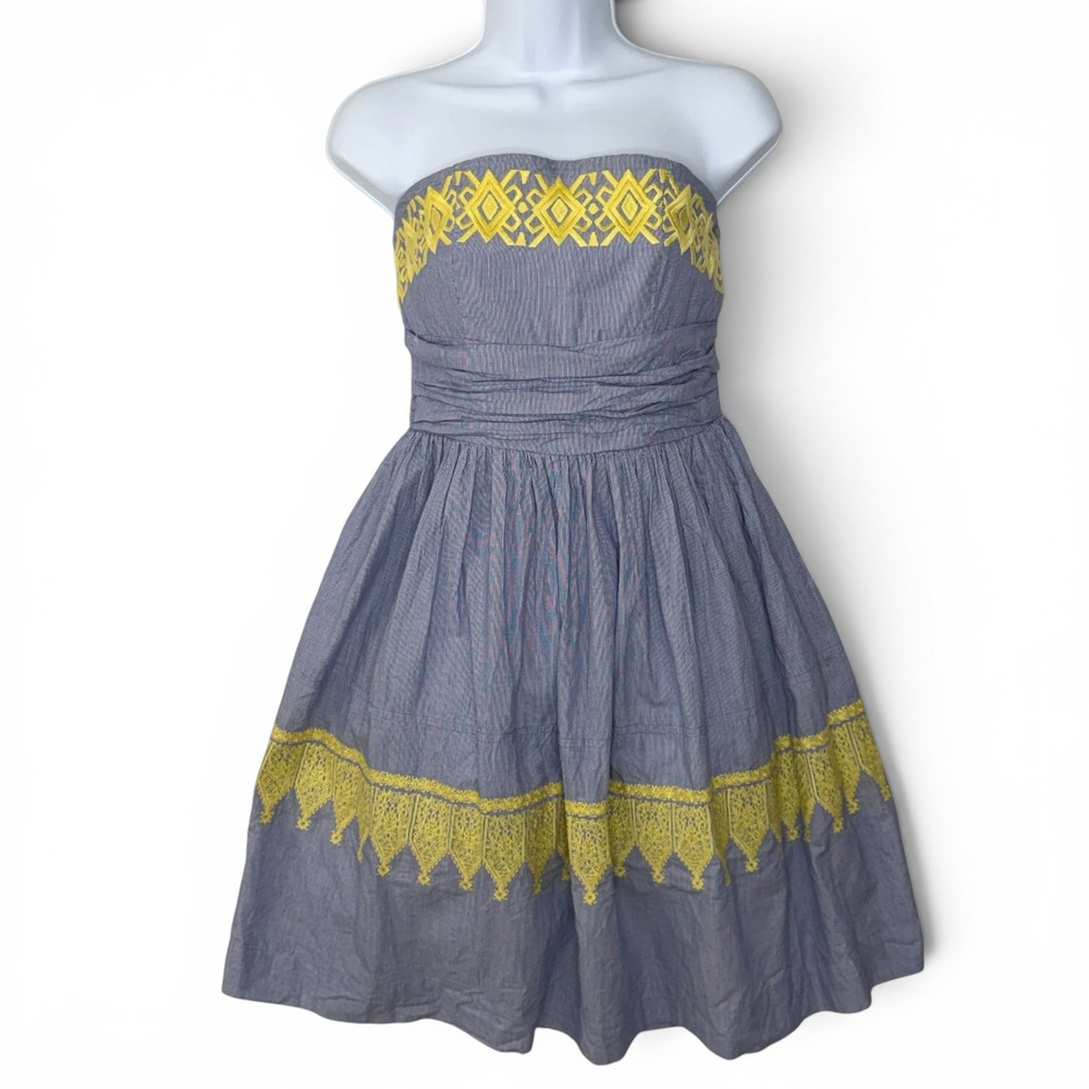 THML Strapless Dress M Blue Yellow Embroidered Seersucker 100% Cotton Nautical
